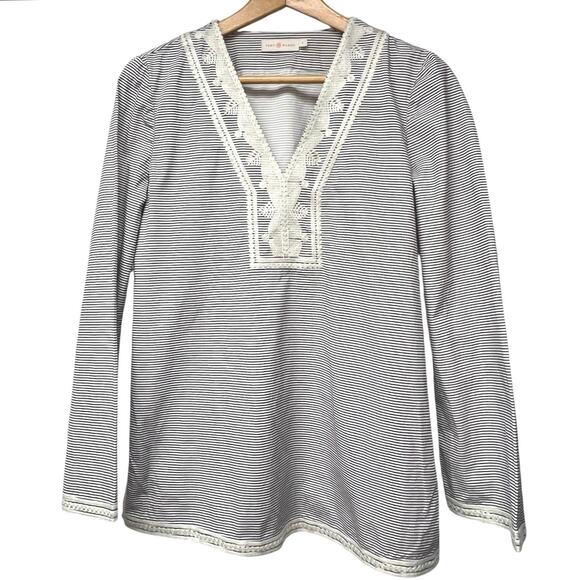 Tory Burch Aleksi Skinny Stripe Navy Ivory Embroidered V-Neck Tunic Top Size 6 - Picture 1 of 7
